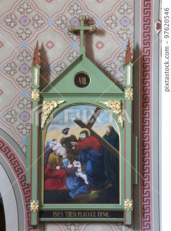 8th Stations of the Cross,Jesus meets the daughters of Jerusalem, church of Saint Matthew in Stitar, Croatia 97620546