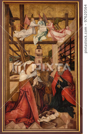 Nativity Scene, main altar in Marienkapelle in Wurzburg, Bavaria, Germany 97620564