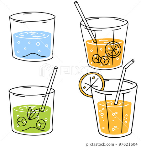 Orange juice, water and mojito. Glass of fresh drink. Thirst quenching and summer cocktail. Trendy outline cartoon Orange juice, water and mojito. Glass of fresh drink. Thirst quenching and summer cocktail. Trendy outline cartoon 97621604