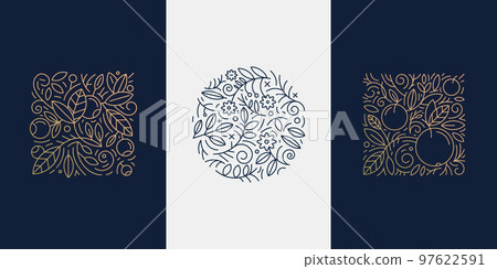 Vector set of linear plant logos. Circle luxury organic emblem. Abstract badges for natural products, flower shop, cosmetics, ecology concepts, health, spa, yoga center. Line leaves and florals icons. Vector set of linear plant logos. Circle luxury organic emblem. Abstract badges for natural products, flower shop, cosmetics, ecology concepts, health, spa, yoga center. Line leaves and florals icons. 97622591