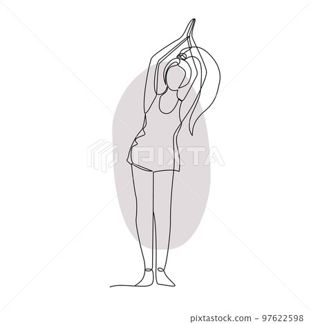 Single line drawing of a girl standing in a yoga pose with abstract shape background Single line drawing of a girl standing in a yoga pose with abstract shape background 97622598