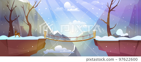 Cartoon winter landscape with mountains, suspension bridge above precipice between cliffs Cartoon winter landscape with mountains, suspension bridge above precipice between cliffs 97622600