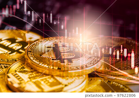 Modern way of exchange. Bitcoin is convenient payment in global economy market. Virtual digital currency and financial investment trade concept. Abstract cryptocurrency with gold bitcoin background.. 97622806