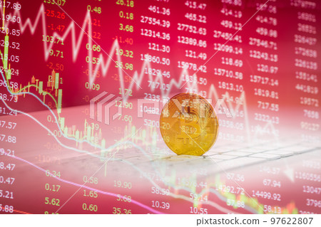 Modern way of exchange. Bitcoin is convenient payment in global economy market. Virtual digital currency and financial investment trade concept. Abstract cryptocurrency with gold bitcoin background.. Modern way of exchange. Bitcoin is convenient payment in global economy market. Virtual digital currency and financial investment trade concept. Abstract cryptocurrency with gold bitcoin background.. 97622807