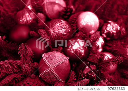Abstract glitter glass Christmas tree and baubles background with copy space. Toned in trendy magenta color of year 2023. Christmas and New Year concept. Abstract glitter glass Christmas tree and baubles background with copy space. Toned in trendy magenta color of year 2023. Christmas and New Year concept. 97622883