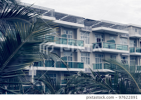 Palm tree branches level windows multi-storey building modern green glass balcony. Architecture background Palm tree branches level windows multi-storey building modern green glass balcony. Architecture background 97622891