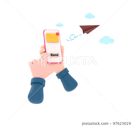 3D. hand holding the smartphone with e-mail application on screen and paper plane. 3D. hand holding the smartphone with e-mail application on screen and paper plane. 97623029