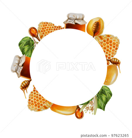 Watercolor honey frame. Includes honey jar, honeycomb, honey on a stick, drops, honey in a wooden spoon, clover and linden flowers Watercolor honey frame. Includes honey jar, honeycomb, honey on a stick, drops, honey in a wooden spoon, clover and linden flowers 97623265