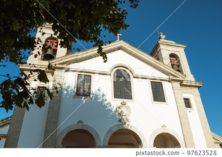 Ourem Santarem Portugal. Front facade view at the Church of Our Lady of Mercies, or Nossa Senhora das Misericordias church, inside at the Ourem medieval fortress Ourem Santarem Portugal. Front facade view at the Church of Our Lady of Mercies, or Nossa Senhora das Misericordias church, inside at the Ourem medieval fortress 97623528