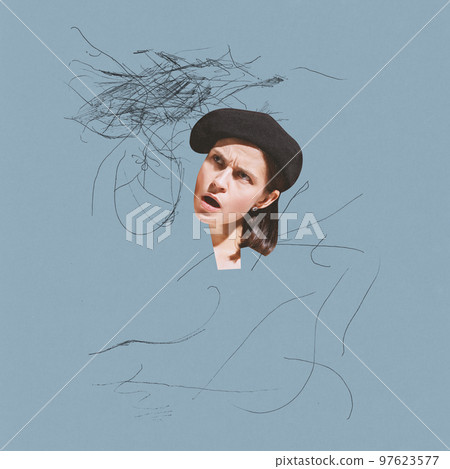 Contemporary art collage with fashionable stylish young woman head over blue background with doodles, pencil sketches. Style, fashion, beauty. 97623577