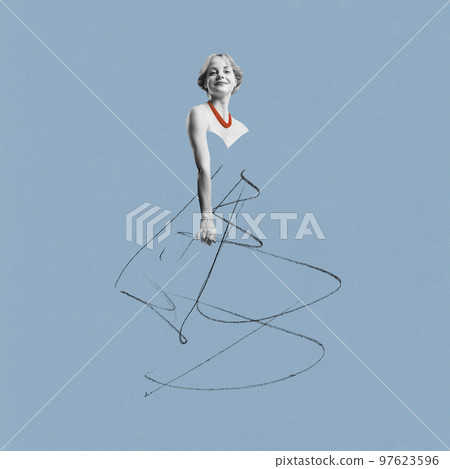 Contemporary art collage with fashionable stylish young woman head over blue background with doodles, pencil sketches. Style, fashion, beauty. 97623596