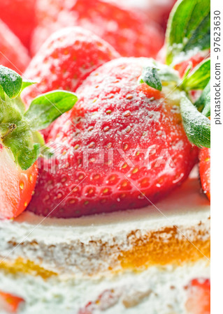 美味的草莓蛋糕食品特寫,包括紅色新鮮生草莓和白色生奶油 美味的草莓蛋糕食品特寫,包括紅色新鮮生草莓和白色生奶油 97623630
