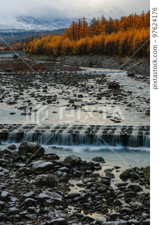 [Biei Town, Hokkaido] Autumn leaves and river in late autumn 97624176