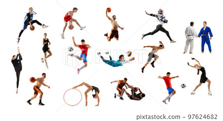 Collage of sportive people, adults and children doing different sports, posing isolated over white background. 97624682