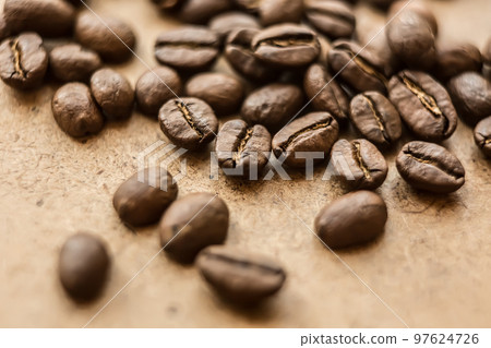 Falling Roasted Coffee Beans, Macro Shot, close-up. Falling Roasted Coffee Beans, Macro Shot, close-up. 97624726