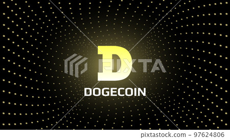 Dogecoin DOGE token symbol cryptocurrency in the center of spiral of glowing yellow dots on dark background. Cryptocurrency logo icon for banner or news. Vector illustration. Dogecoin DOGE token symbol cryptocurrency in the center of spiral of glowing yellow dots on dark background. Cryptocurrency logo icon for banner or news. Vector illustration. 97624806