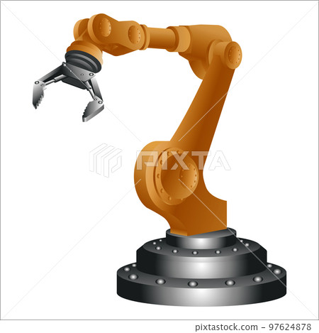 Mechanical robotic arm with gripper isolated on white. Vector illustration. 97624878