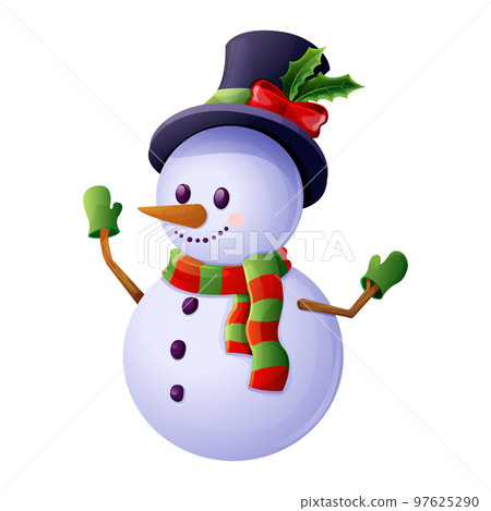 Cute snowman with top hat, scarf, emotional happy face in cartoon style isolated on white background. Christmas character, winter decoration Cute snowman with top hat, scarf, emotional happy face in cartoon style isolated on white background. Christmas character, winter decoration 97625290