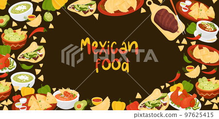 Horizontal poster mexican food. Latin American dishs Quesadilla, Taco, guacamole with nachos, green Soup and Tomato Soup, Empanadas, Mexican Achiote Chicken on black background. Vector illustration. 97625415
