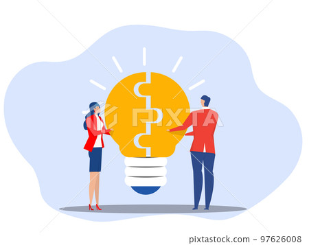 business people and partner connect lightbulb jigsaw puzzle together, agreement solution to solve problem, brainstorm or connect idea concept, Understanding lead to success Flat vector illustration. 97626008