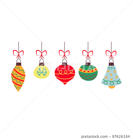 Christmas baubles with bows and different patterns. Vector illustration. Christmas baubles with bows and different patterns. Vector illustration. 97626184