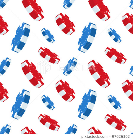 Casino background, red and blue playing chips on a white background. Seamless pattern, vector Casino background, red and blue playing chips on a white background. Seamless pattern, vector 97626302
