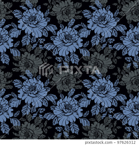 Seamless pattern, hand-drawn blue and gray peonies on a dark background. Floral vintage background, textile, vector Seamless pattern, hand-drawn blue and gray peonies on a dark background. Floral vintage background, textile, vector 97626312