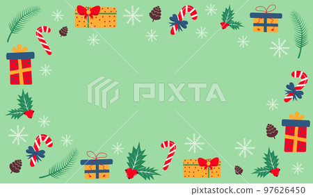 Christmas background with gifts, candy canes, hollies, fir twigs, cones and snowflakes. 97626450