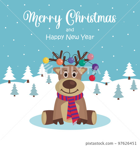 Christmas Deer with decoration balls on antlers. Christmas card. Merry Christmas and Happy New Year. 97626451