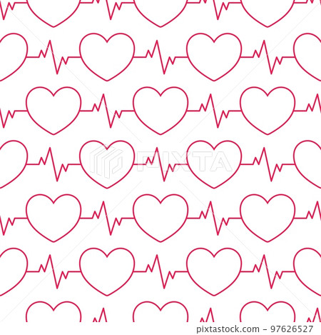 Seamless HEARTBEAT line pattern. Geometric red and white tileable background. 97626527
