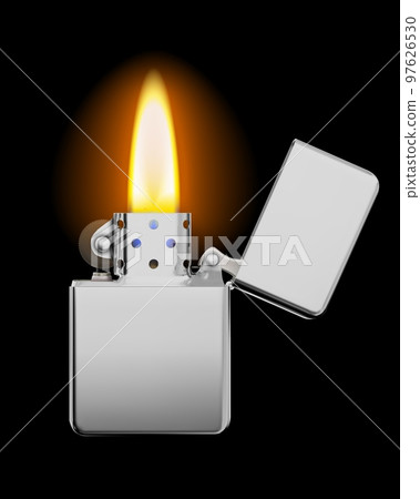 Metallic luxury lighter with open cover and transparent flame lit 97626530