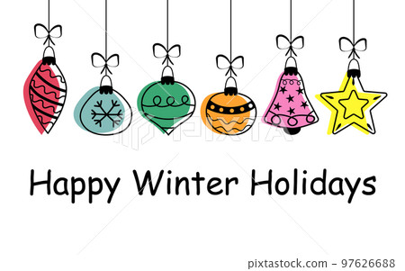 Hanging Christmas toys with bow. Happy Winter Holidays text. Christmas banner in doodle style. Hanging Christmas toys with bow. Happy Winter Holidays text. Christmas banner in doodle style. 97626688