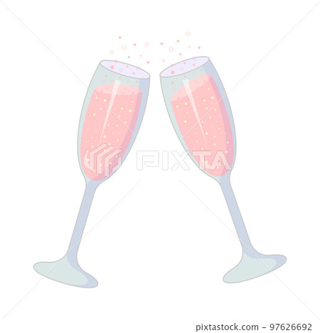 Two sparkling glasses of champagne with bubbles. Cheers icon. Vector illustration. Two sparkling glasses of champagne with bubbles. Cheers icon. Vector illustration. 97626692