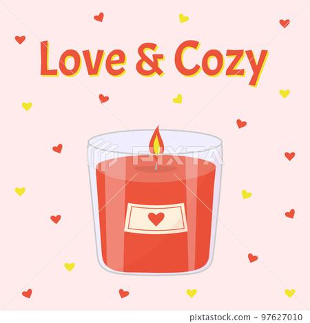 Aromatic candle in glass jar with burning flame light for aromatherapy. Love and cozy text with hearts. 97627010