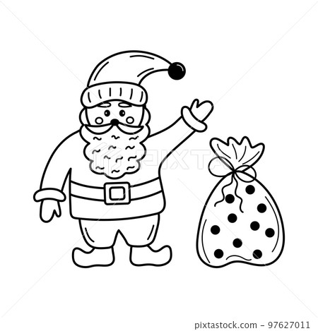 Santa claus with bag of gifts in doodle style. 97627011