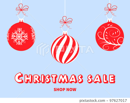 Christmas sale poster with red Christmas balls. Design for advertising, banners, leaflets and flyers. Christmas sale poster with red Christmas balls. Design for advertising, banners, leaflets and flyers. 97627017