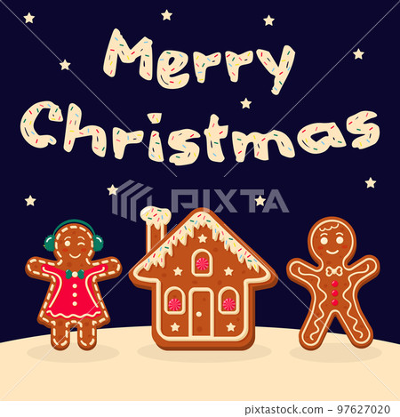 Merry Christmas text with gingerbread men and house. Christmas greeting card. 97627020