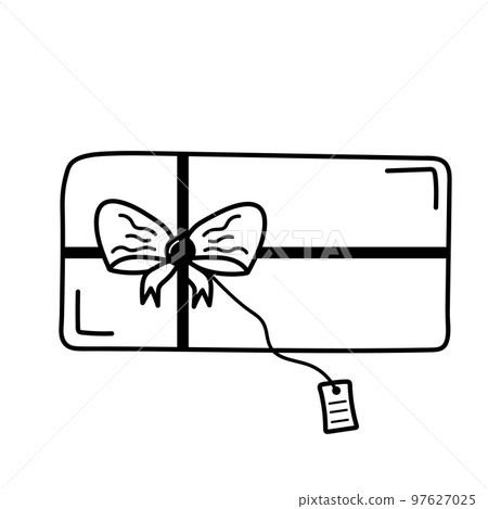 Gift box with bow and label in doodle style. Gift box with bow and label in doodle style. 97627025
