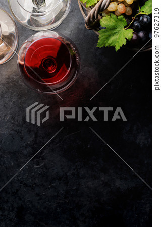 Wine glasses, bottles and grapes Wine glasses, bottles and grapes 97627319