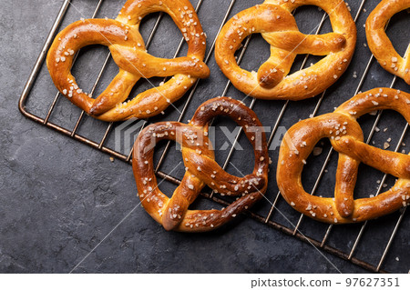 Freshly baked homemade pretzels 97627351