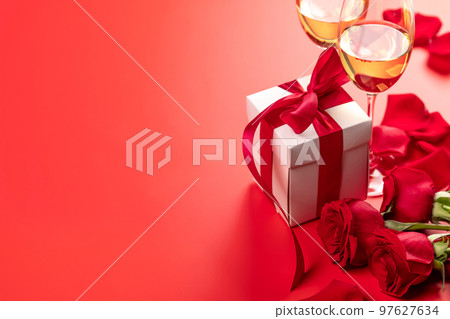 Valentines day card with champagne, rose flowers and gift box Valentines day card with champagne, rose flowers and gift box 97627634