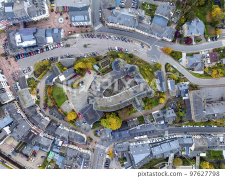 Aerial drone Shot of town CLervaux on the north of Luxembourg. Twilight evening scene with Castle and Cathedral Aerial drone Shot of town CLervaux on the north of Luxembourg. Twilight evening scene with Castle and Cathedral 97627798