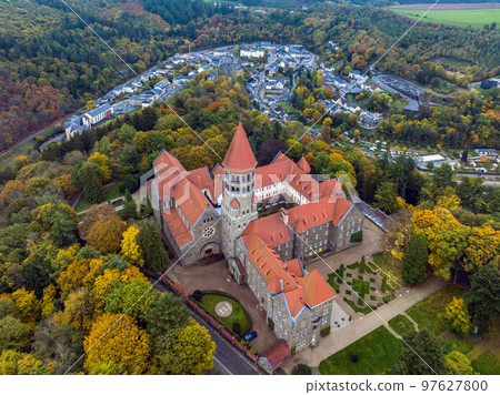 Aerial drone Shot of Abbey in Clervaux, Luxembourg in mystery evening twilight Aerial drone Shot of Abbey in Clervaux, Luxembourg in mystery evening twilight 97627800
