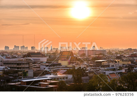 Cityscape of Bangkok city center in sunset, downtown, temples, Thailand. Cityscape of Bangkok city center in sunset, downtown, temples, Thailand. 97628356