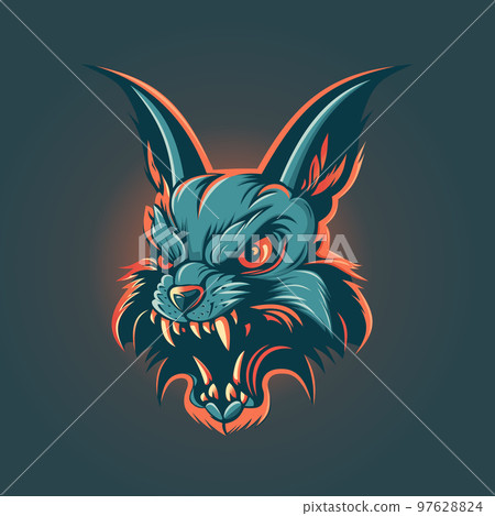 Raging aggressive rabbit with burning eyes. Color logo hare in flat style 97628824