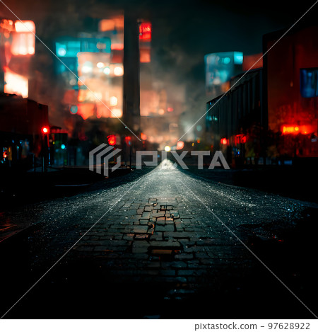 night urban background with focus on asphalt with yellow stripes, neural network generated art 97628922
