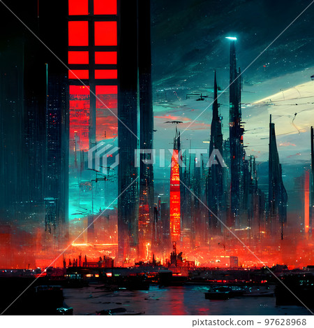 Sci-fi Fantasy City, Cyberpunk Buildings Illustration. Neon Colors