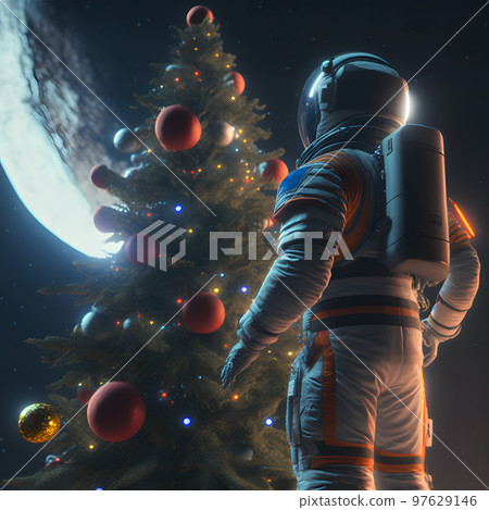 astronaut stands next to a christmas tree decorated with planets, neural network generated art 97629146