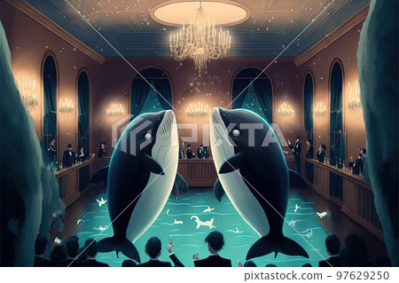Whales in tuxedo dancing at the party illustration generative ai Whales in tuxedo dancing at the party illustration generative ai 97629250