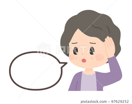Illustration of a troubled grandmother and a speech bubble posing with her hands on her head 97629252